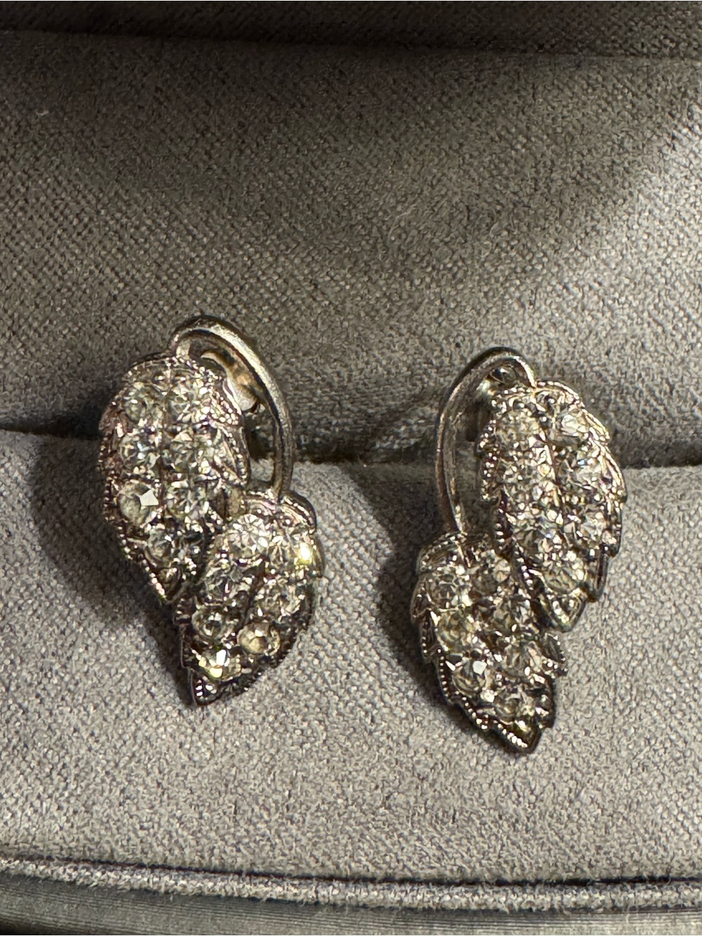 Vintage Rhinestone Pavé Leaf Earrings